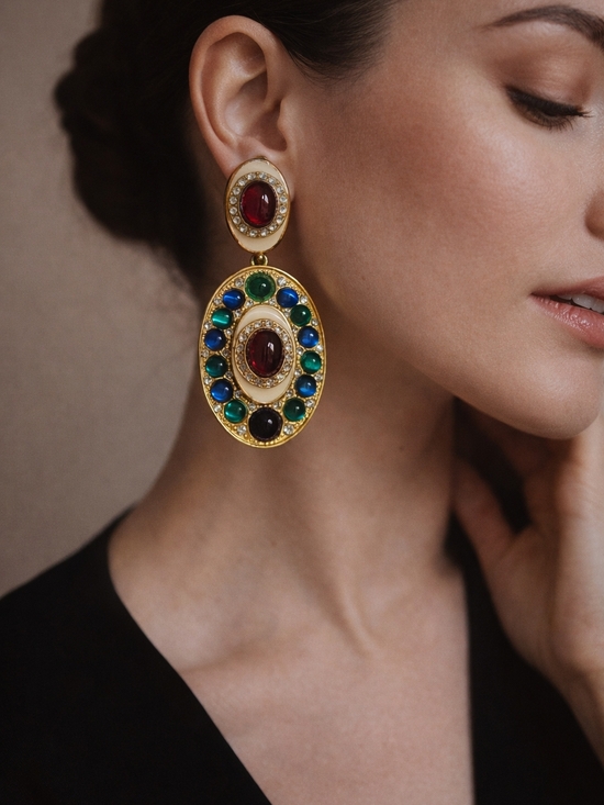 Kenneth Jay Lane Jewelry - Vintage Kenneth Jay Lane Gold Tone Cabochon Statement Clip Earrings